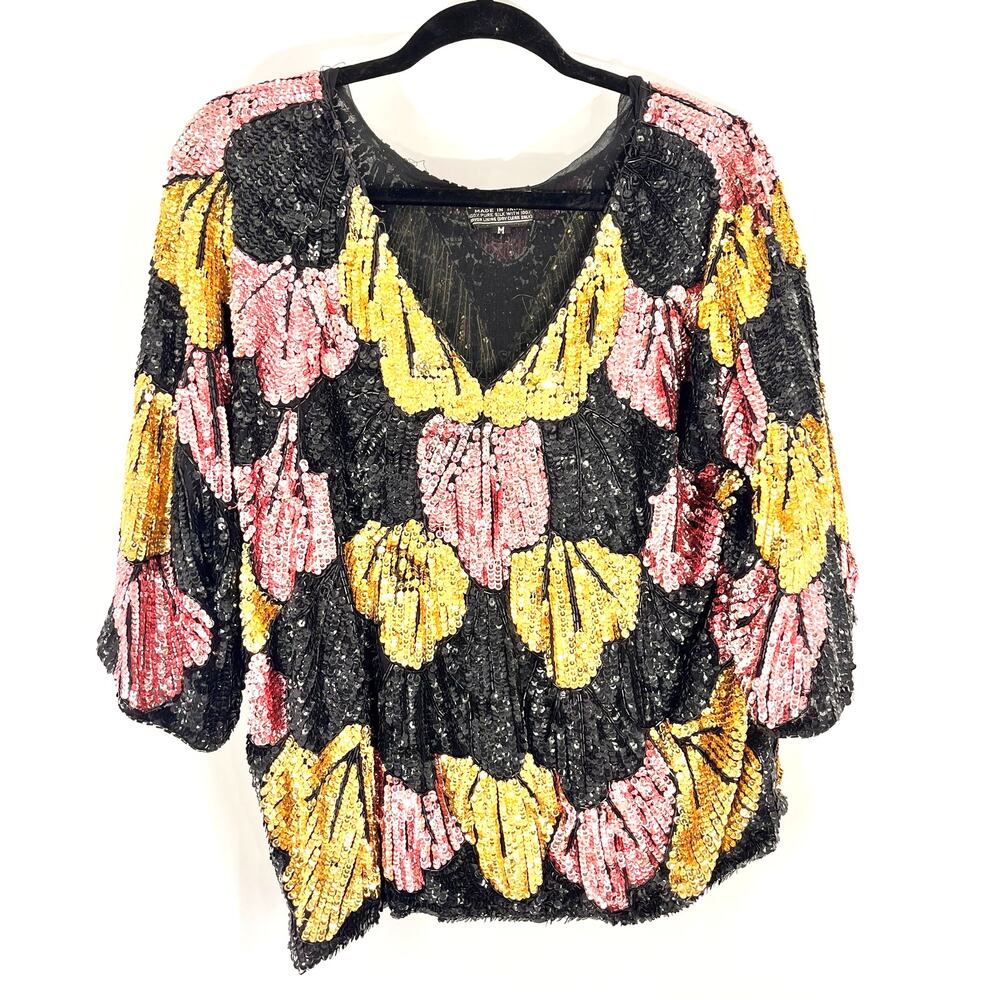 vintage M women's three quarter sleeve sequined blouse evening top gold pink M